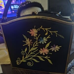 Vintage Floral Embroidered Black Handbag